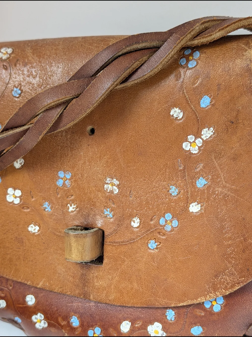 Sold! 70s Vintage Brown Leather Crossbody Bag with Floral Accents